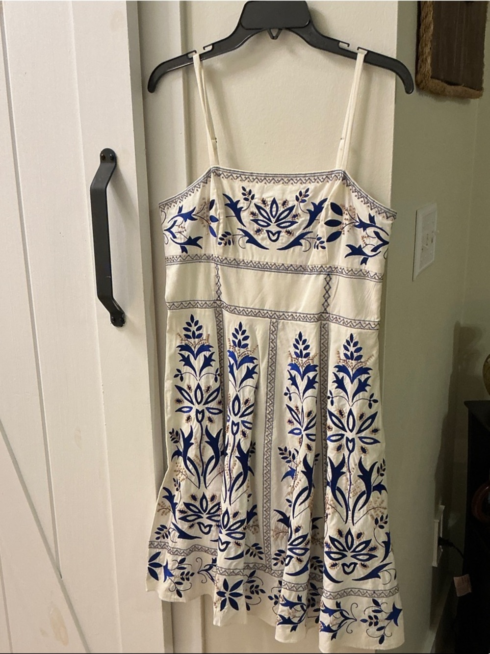 INC International Concepts Cream Dress with Blue Floral Embroidery